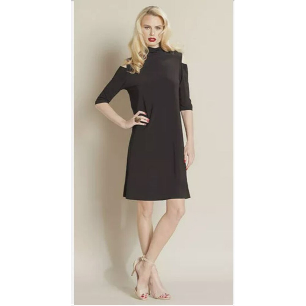 Clara Sun Woo Dress Womens Large Black Cold Shoulder Mock Neck Swing No Iron $96